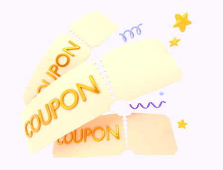 Gold coupons with flying confetti of spirals and stars. Tickets to movie theater, concert or festival with ribbed edges, voucher for gift or invitation. Cartoon 3d render, web bannerの写真素材