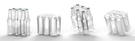 Tin cans and clear bottles in plastic wrap angle view, six soda or beer metal jars, mockup blank glass in transparent pack for storage and delivery alcohol drinks on white backgroundの写真素材