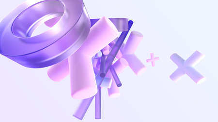 Abstract background with glossy and matte geometric 3d shapes. Flying glass or crystal hologram...