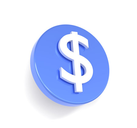 Dollar icon. Concept of finance, bank currency, investment, wealth. Blue round coin with money sign isolated on white background. Online payment, digital cost saving successの写真素材
