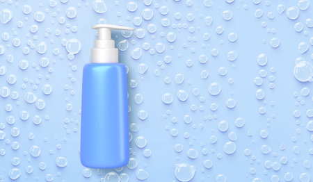 Cleanser for face cosmetics bottle with bubbles or water drops on blue background, 3d render mockup banner. Skin care cosmetic pump tube, facial cleansing product, lotion or micellarの写真素材