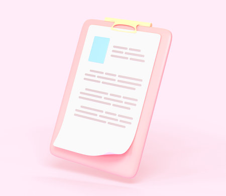 Clipboard with white paper sheet, text and picture frame. Document with personal information, resume, form or profile, contract isolated on pink background. Cartoon 3d render iconの写真素材
