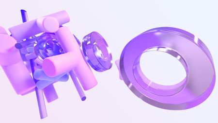 3d render, flying geometric shapes on abstract background. Glass or crystal hologram rings, glossy tubes, pink and purple crosses with gradient texture, fashion wallpaper, patternの写真素材
