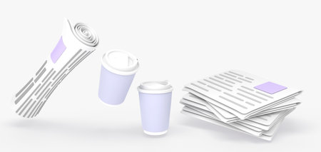 Stack of newspapers, rolled magazine and morning coffee cups 3d render. News paper, world press, daily publication with disposable mugs for takeaway drinks. Isolated cartoon icons setの写真素材