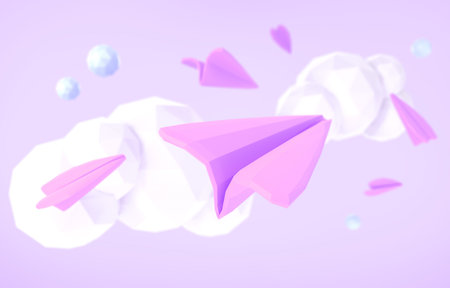 Paper planes in purple sky with clouds 3d render. Concept of send email or message in social media,...