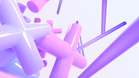 Flying geometric 3d shapes in motion. Abstract background with glossy pink purple crosses, plus or x signs and hologram glass tubes with gradient texture. Fashion wallpaper, bannerの写真素材