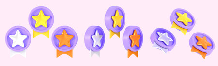 Circle badges, purple award medals with golden, silver, bronze stars and ribbons 3d render. Game...