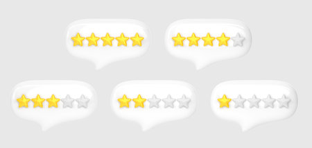 Speech bubbles with gold rating stars 3d render. Template of rank, feedback and opinion survey, service evaluation, comment of client satisfaction isolated on gray backgroundの写真素材