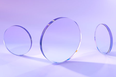 Iridescent glass round discs on purple abstract geometric background 3d render. Clear rainbow circular disks with light refraction prism crystal, transparent glossy circle platesの写真素材