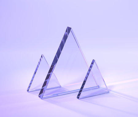 Glass plates with rainbow effect of light refraction prism or crystal 3d render. Transparent...