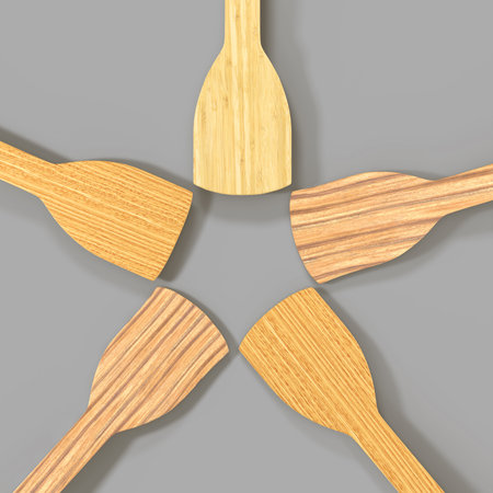 Wooden kitchen spatulas for cooking food isolated on gray background 3d render. Realistic set of empty natural bamboo culinary tools, wood kitchenware, utensil for home or restaurantの写真素材