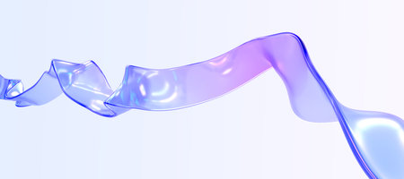 Abstract background with holographic iridescent ribbon 3d render. Wavy curved colorful glass shape, line with clear blue purple gradient texture. Flying stream of chromatic liquidの写真素材