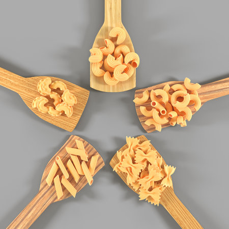 Pasta on wooden spatulas top view 3d render. Macaroni of various types uncooked penne, elbow and fusilli. Italian food poster mockup with noodles and kitchen utensils on grey tableの写真素材