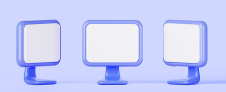 3d render computer monitors front and side view. Mockup desktop pc with blue frame and blank white screen, digital display for advertising isolated on background. Cartoon set iconsの写真素材