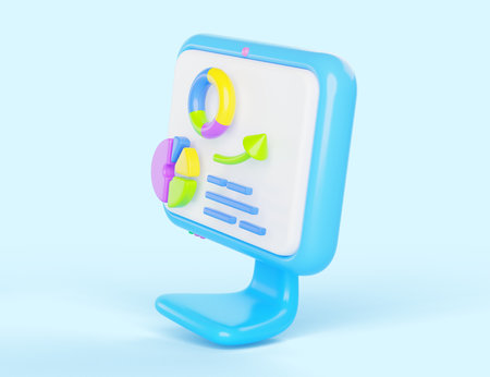Computer monitor icon with pie charts and growth graphs side view. Cartoon 3d render circle infographic diagram on pc screen. Business presentation, statistics and financial dataの写真素材