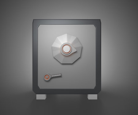 Bank safe vault with closed steel door isolated on black background 3d render. Cartoon icon of metal box with lock and code combination for gold and money storage front viewの写真素材