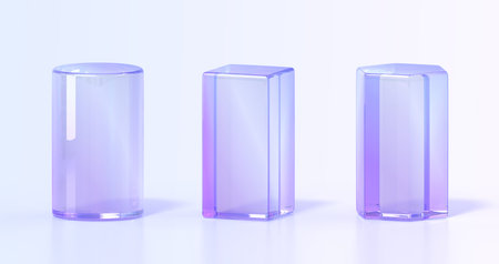 Glass rainbow pedestals or crystal podium 3d render icons set. Abstract geometric empty museum...