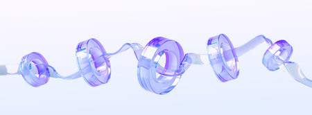 Glass iridescent composition with flying wavy ribbon and hologram rings 3d render. Rainbow liquid...