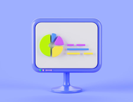 Computer monitor icon with pie charts, graph. Cartoon 3d render round infographic diagram on blue pc screen. Financial data analysis, stock market and exchange, business presentationの写真素材
