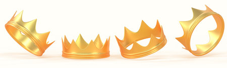 Golden crowns for king, queen, prince or princess 3d render icons set. Royal gold metal coronas, monarchy medieval emperor coronation symbol ascension to throne isolated on backgroundの写真素材