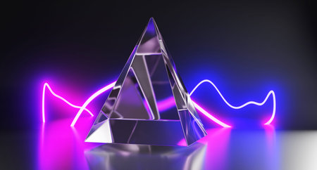 Glass pyramid with neon wave light lines on abstract black background 3d render. Transparent crystal triangle of geometric shape with refraction effect of glow curved laser beamsの写真素材
