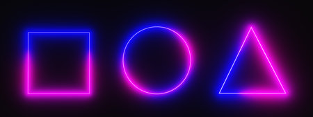 Neon frames square, circle and triangle shapes, 3d render icons set. Electric light banners for night club or casino, glowing borders with gradient colors isolated on black backgroundの写真素材