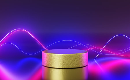 Gold round podium with neon lights on dark background 3d render. Luxury empty stage with laser show for award ceremony or cosmetic product display. Golden stand with glow wave linesの写真素材