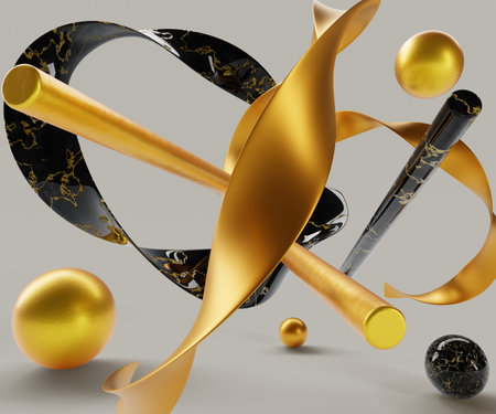 3d render, abstract luxury background with black and gold geometric shapes. Golden twisted wavy ribbons, stone marble and metal spheres, balls and pipes, graphic design decor elementsの写真素材