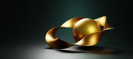 3d render, abstract futuristic background with gold sphere and ring in shape saturn. Metal sculpture, ball with wavy ribbon or twisted mobius strip on black green backdrop, art objectの写真素材