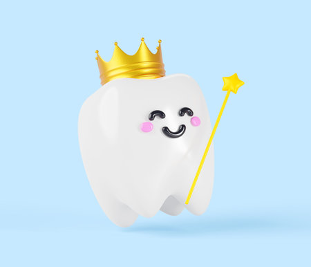 Tooth fairy, cartoon kawaii character in golden crown and magic wand with star 3d render icon. Cute...