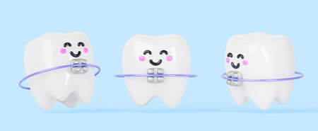 Teeth with metal dental braces on blue background 3d render icon set. Cartoon smiling kawaii characters, cute baby tooth with brackets and arch wire, orthodontic treatment conceptの写真素材