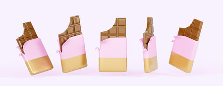 Dark or milk bitten chocolate bar in open wraps 3d render icon set. Cartoon sweet choco dessert in...