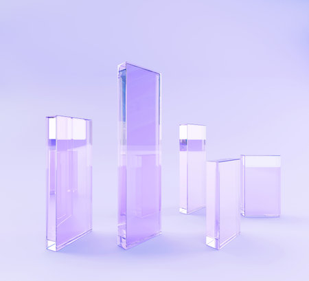 3d render glass transparent clear rectangle plates on purple background. Abstract geometric shapes, crystal wall panels on stage with light refraction and hologram gradient textureの写真素材