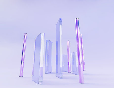 Glass rectangle plates and crystal pillars on abstract purple background 3d render. Transparent iridescent vertical geometric shapes, clear long figures with hologram gradient textureの写真素材