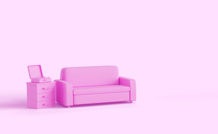 Living room interior in pink monochrome style with sofa and vintage record player box 3d render. Modern empty lounge with furniture and music vinyl turntable isolated on backgroundの写真素材
