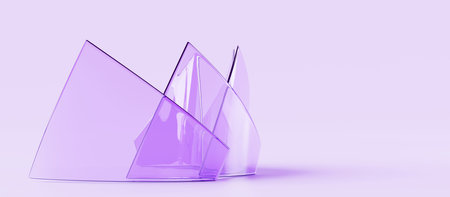 Glass triangle plates, curved panels with holographic gradient texture 3d render. Abstract geometric background with crystal transparent clear frame, wall of plastic or acrylic shapesの写真素材