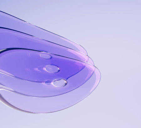 3d render glass transparent layers effect on abstract geometric purple background. Crystal circle curve wave shapes with holes, holographic gradient texture, digital technology bannerの写真素材