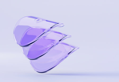 3d render glass transparent circle curve wave discs with layers effect. Abstract purple geometric background, clear circular plates with light refraction prism crystal, round disksの写真素材