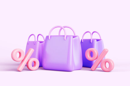 3d render shopping bags with discount offer banner background. Cartoon paper packages with red percent sign for purchase or gift, sale icon for store website design, fashion shopの写真素材