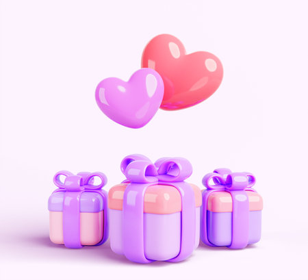 Gift boxes with red heart shape balloons on pink background 3d render. Wedding, Valentine or Mother day sale promo banner. Holiday surprise, present packs with purple ribbon and bowの写真素材