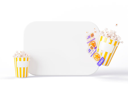 Blank movie poster 3d render. Mockup white board with popcorn buckets and tickets in cinema or...
