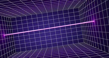 Wireframe room 3d perspective with glowing laser line on grid background. Abstract blue pink neon rectangle box interior with led light lamp. Retro futuristic 80s sci fi matrix designの写真素材