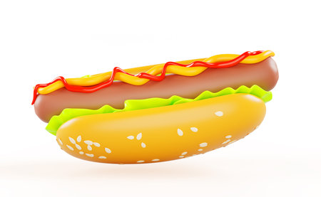 3d render hot dog icon of sesame bun, grilled sausage, lettuce, ketchup and mustard sauce. Fast food hotdog, isolated mockup american street snack for picnic, restaurant menu designの写真素材
