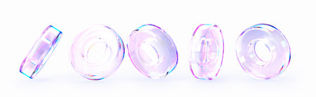 3d set of crystal light hologram glass ring render isolated icon. Abstract geometric figures with rainbow color gradient, transparent circle liquid objects, chromatic graphic elementsの写真素材