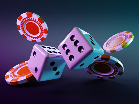 Poker chips and dice roll in neon light on black background. Falling casino game icons 3d render. Red and yellow gambling coin money, tokens and white cubes in motion, Vegas conceptの写真素材