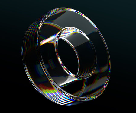 3d glass crystal transparent circle geometric figure on black background. Abstract render glossy...