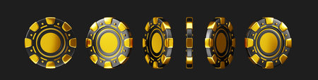 3d gold and black casino poker game vip chips rotation render. Luxury isolated golden metal gambling tokens, animation with sequence rotating element icons set on dark backgroundの写真素材