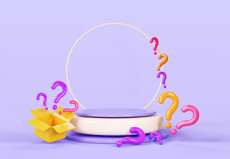 3d podium with mystery open gift box and question marks render. Round pedestal platform for winner, display product. Award stage with present, surprise or bonus. Delivery and shoppingの写真素材