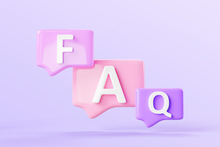 FAQ speech bubbles on purple background 3d render icons. Social media questions and answers, square...
