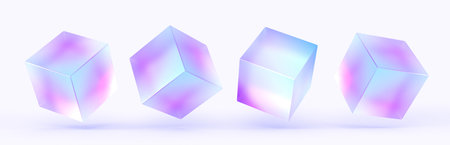 3d glass holographic frosted morphism cube isolated render icon set. Abstract geometric translucent...